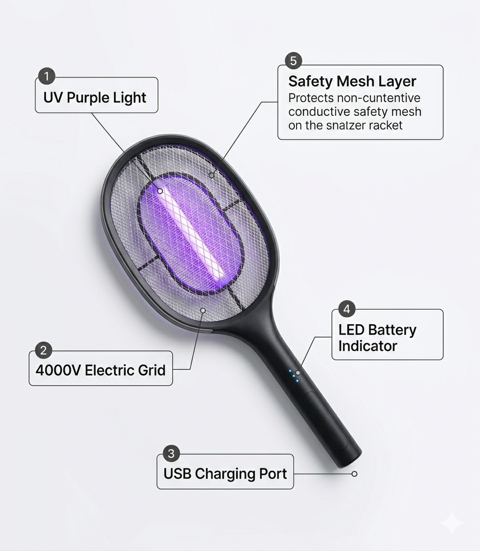 2-in-1 Electric Mosquito Killer Racket — Auto Zap & Manual Mode | USB Rechargeable | 4000V Powerful Bug Zapper for Home, Office & Outdoor